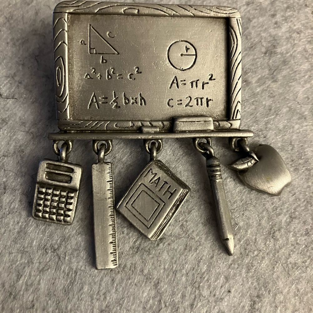 Vintage Pewter Math Teacher Brooch Signed JJ Janette